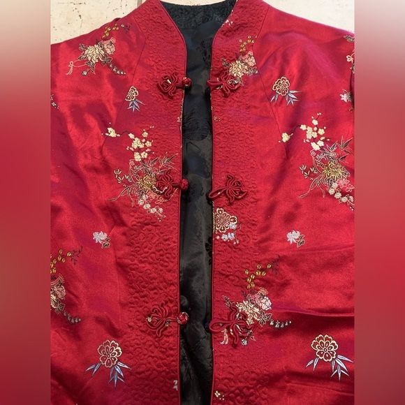 Vintage Red & Black Embroidered Jacket Chinese Style Mandarin Frog Closure Coat - Picture 7 of 8